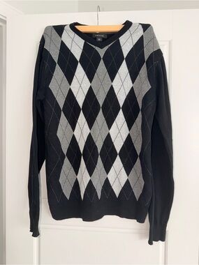 Structure Black and Gray Argyle V-Neck Sweater - Men